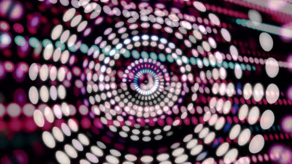 Colorful blinking circles moving in spiral with rows of dots