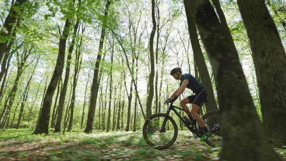 A Cyclist on an MTB Bike is Riding Through the Forest at High Speed