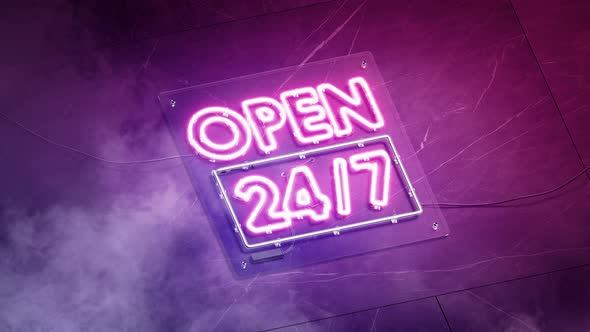 Neon open 24-7 sign on marble wall, glowing font mockup