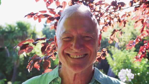 Portrait of happy caucasian senior man in garden smiling in the sun