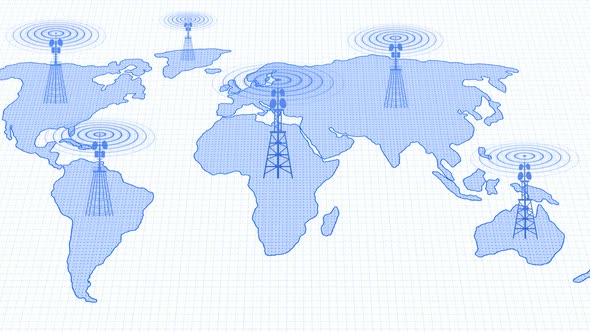 Blue Color Network Tower Wave Signal Animated On World Map White Background