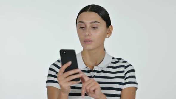 Smartphone Use By Latin Woman, White Background