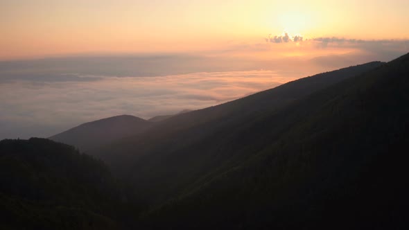 Aerial view of sunset over Transylvanian Mountains