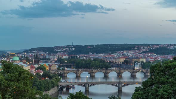 Scenic View of Bridges on the Vltava River Day to Night Timelapse and of the Historical Center of