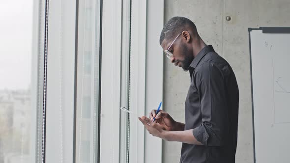 Side View Young African American Business Man Afro Black Male Worker Student Ethnic Manager Mixed