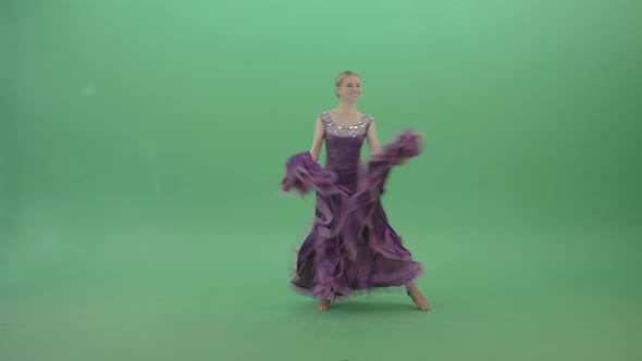 Elite Girl In Violet Ballroom Dress Makes Reverence Bow Regards On Green Screen