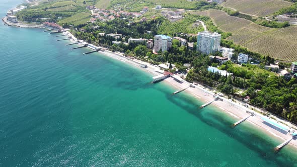 Aerial Panoramic View on Gurzuf Resort City and Bear Mountain AyuDag Yalta Crimea