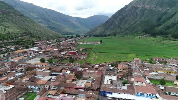 drone movement in the city of Pisac Peru on a beautiful cloudy day.