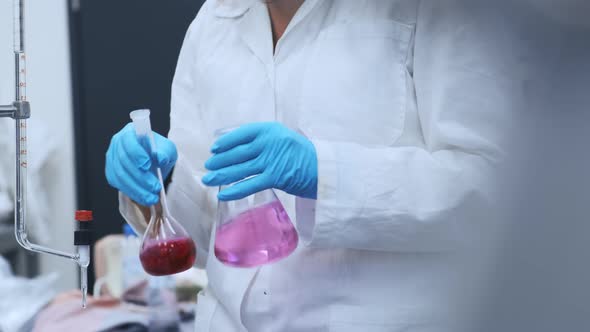 Scientist in Rubber Gloves and Lab Coat Mixing Pink Liquids in the Glass Flasks Conducting of