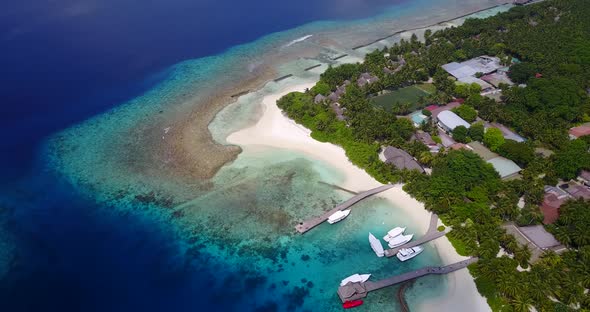 Tropical flying copy space shot of a sunshine white sandy paradise beach and turquoise sea 