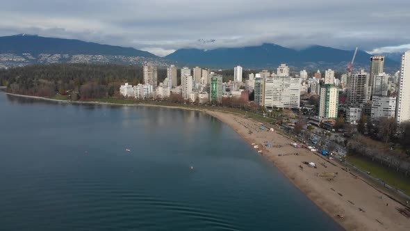 Various drone shots at English Bay near downtown Vancouver, BC during Polar Bear 2019 event