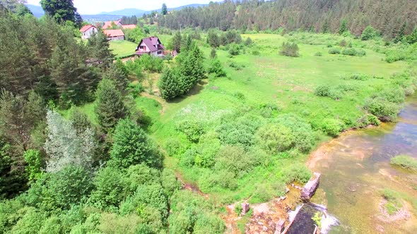 Aerial view of Jesenica river and surrounding in Croatian region Lika.