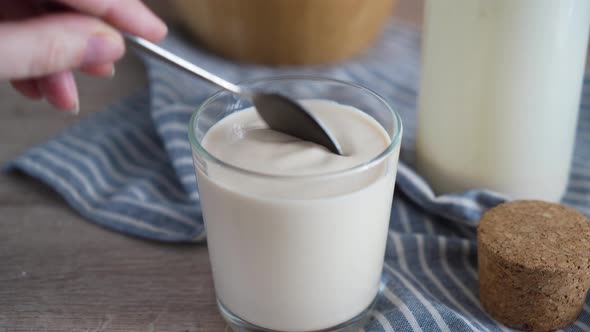 Homemade fermented milk. Traditional healthy drink ryazhenka or homemade yogurt