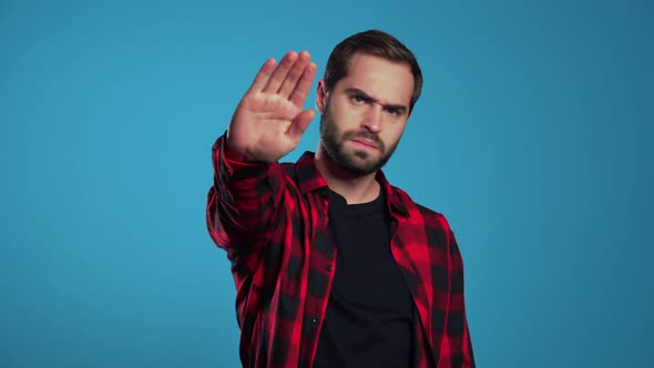 No, Never, Handsome Brunette Man Disliking and Rejecting Gesture By Stop Sign