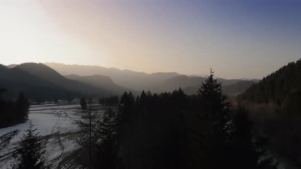 Cinematic sunset flight along Slovenian countryside next to Sava River