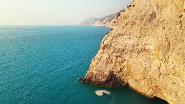 Aerial drone view of the Ionian Sea coast of Zakynthos, Greece. Rocky cliffs, vegetation