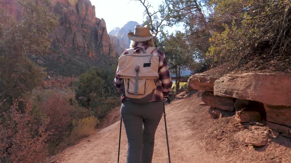 Nordic Walking With Trekking Sticks In Old Age And Woman Hiking In Mountains
