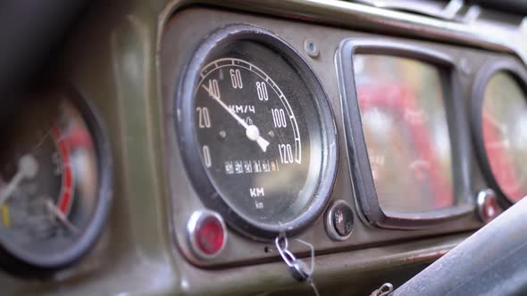 Old Truck Dashboard, Speedometer, and Other Indicators. Vintage Military Vehicle