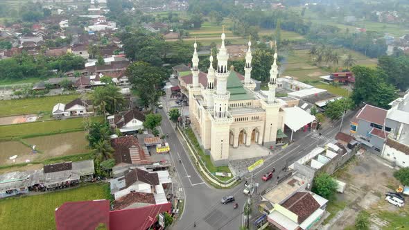Suciati Saliman Mosque, Sleman city in Indonesia. Aerial circling