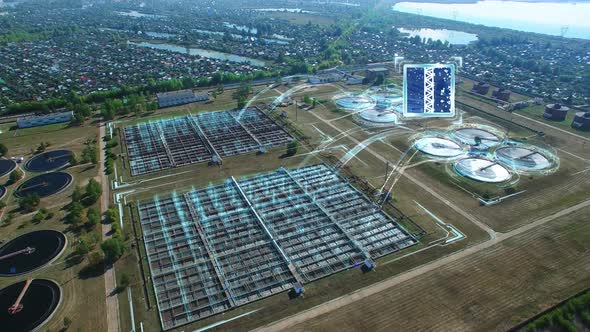 Drone Aerial View on Water Treatment Plant with Motion Graphics