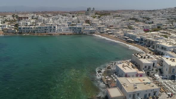 Aerial view of Naousa city, with traditional white houses, Greece.