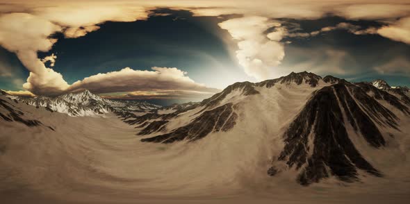 VR 360 Rays of Sunset on the Tops of the Mountains