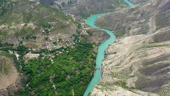 Aerial view on the Sulak river in Sulak canyon at the mountains Dagestan