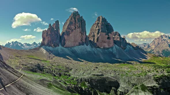 Aerial view to Tre Cime in Italian Dolomites