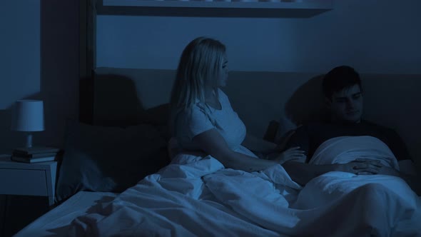 Couple Issue Supportive Wife Sad Husband Bed Night