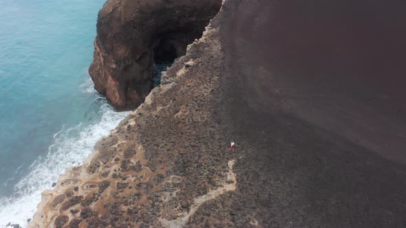 Sporty Man Trekking on Volcanic Island of Faial Azores Portugal Europe