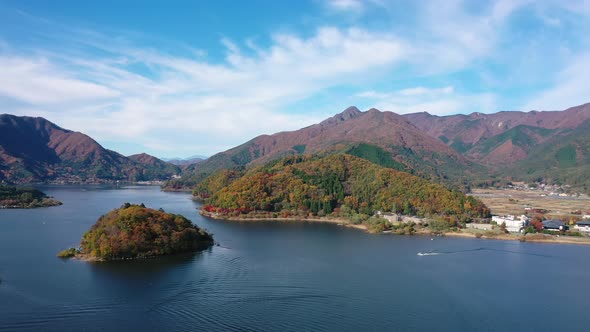 Aerial view 4k video by drone of beautiful Japan autumn at lake Kawaguchiko