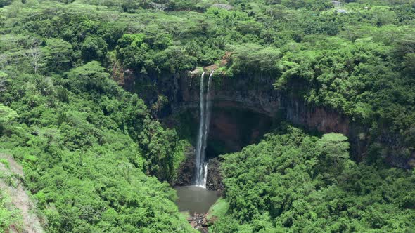 Aerial View Forward Shot on Waterfall in Forest