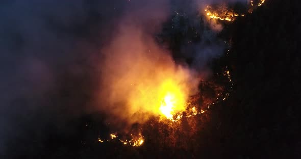 Aerial Panoramic View of a Forest Fire at Night Heavy Smoke Causes Air Pollution and Fire in Full