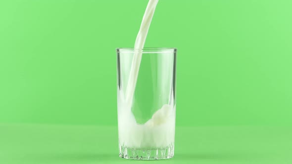 Milk Pouring Into Glass Close Up Isolated on Light Green Background