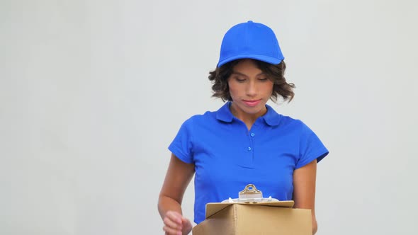 Happy Delivery Girl with Parcel Box and Clipboard