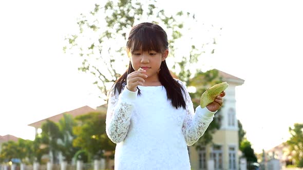 Cute Asian Children Holding Mushroom In The Park