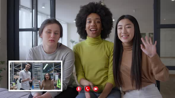 Isolated Multiethnic Young Women Waving in Video Chat to Joyful Workers Talking From Industrial