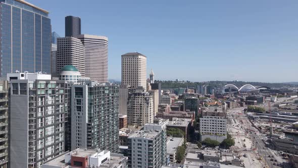 Aerial Flight of Downtown Seattle and Stadium