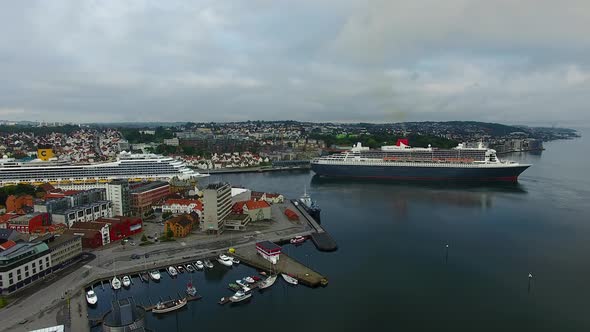Aerial view of the cruise ships in a harbor of Stavanger, Norway