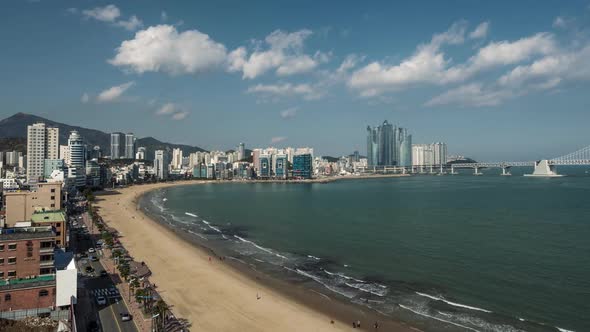 Haeundae Beach at Busan City, South Korea, Time Lapse of Car Traffic, Clouds