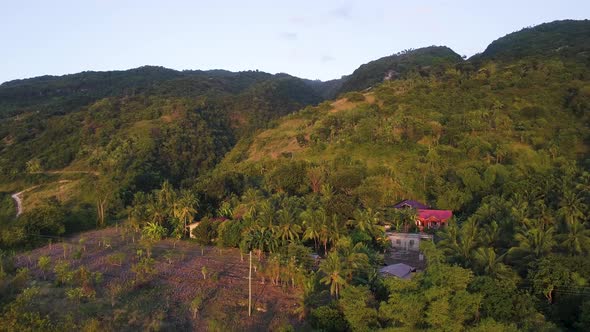 Incredible cinematic drone footage flying over a small coastal village and a lush green forest in th