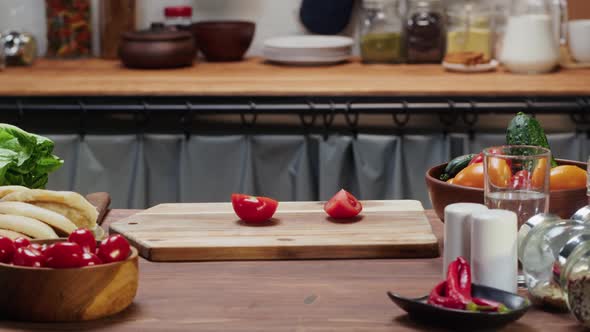 Chef Table with Prepared Ingredients for Cooking Vegetable Salad