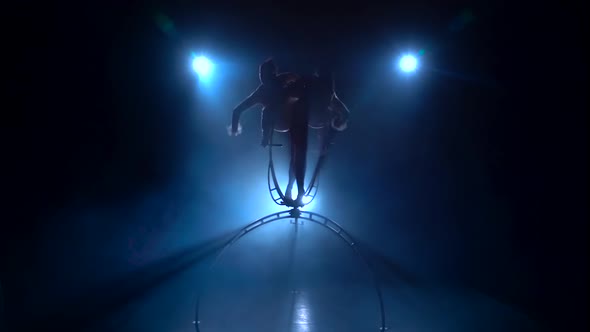 Gymnast Girl Hangs Upside Down on the Aerial Hoop. Black Smoke Background. Silhouette. Slow Motion