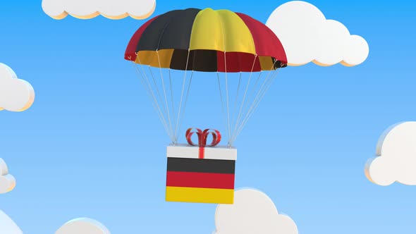 Box with National Flag of Gemany Falls with a Parachute