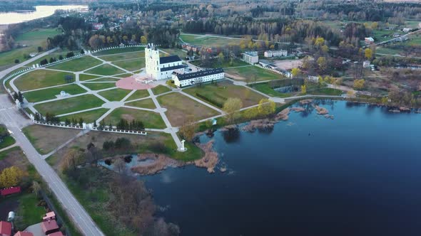 Majestic Aglona Cathedral in Latvia. White Chatolic Church Basilica. Aerial Dron 4K Shot