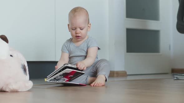 Cute Baby Boy Sitting on the Floor and Playing with His Book