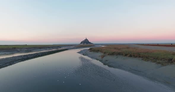 Mont Saint Michel France Drone View Of The Castle In The Morning Unesco World Class Heritage Wide An