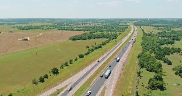 Panoramic Top View Sunny Day of Highway 66 Interchange Road Near Small Town Clinton in Oklahoma USA