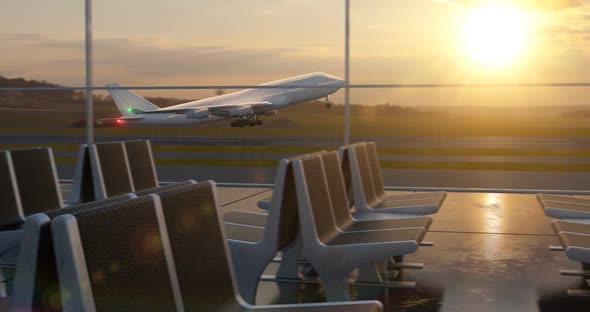 Airplane Taking Off Against Sunset Sky Seen Through Departure Lounge Windows