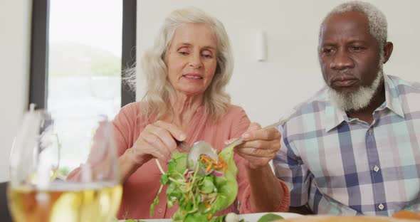 Happy senior diverse people having dinner at retirement home